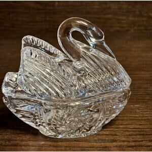 Vintage Clear Crystal Swan Pin Wheel Trinket Dish Box 4”